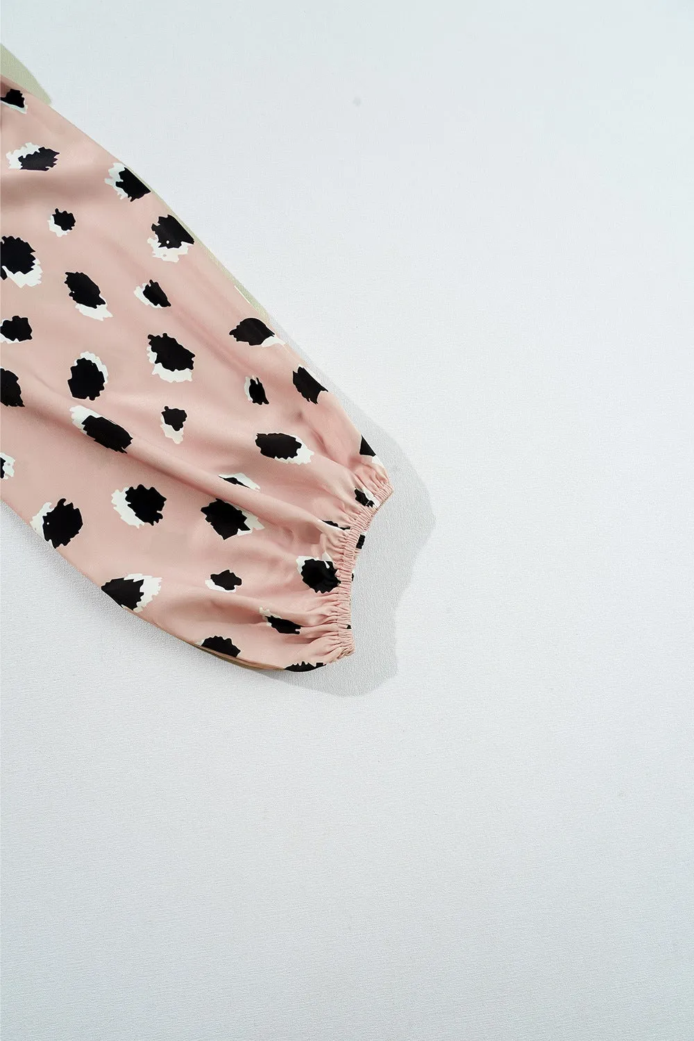 Contrast Animal Print V-Neck Long Sleeve Blouse for Women