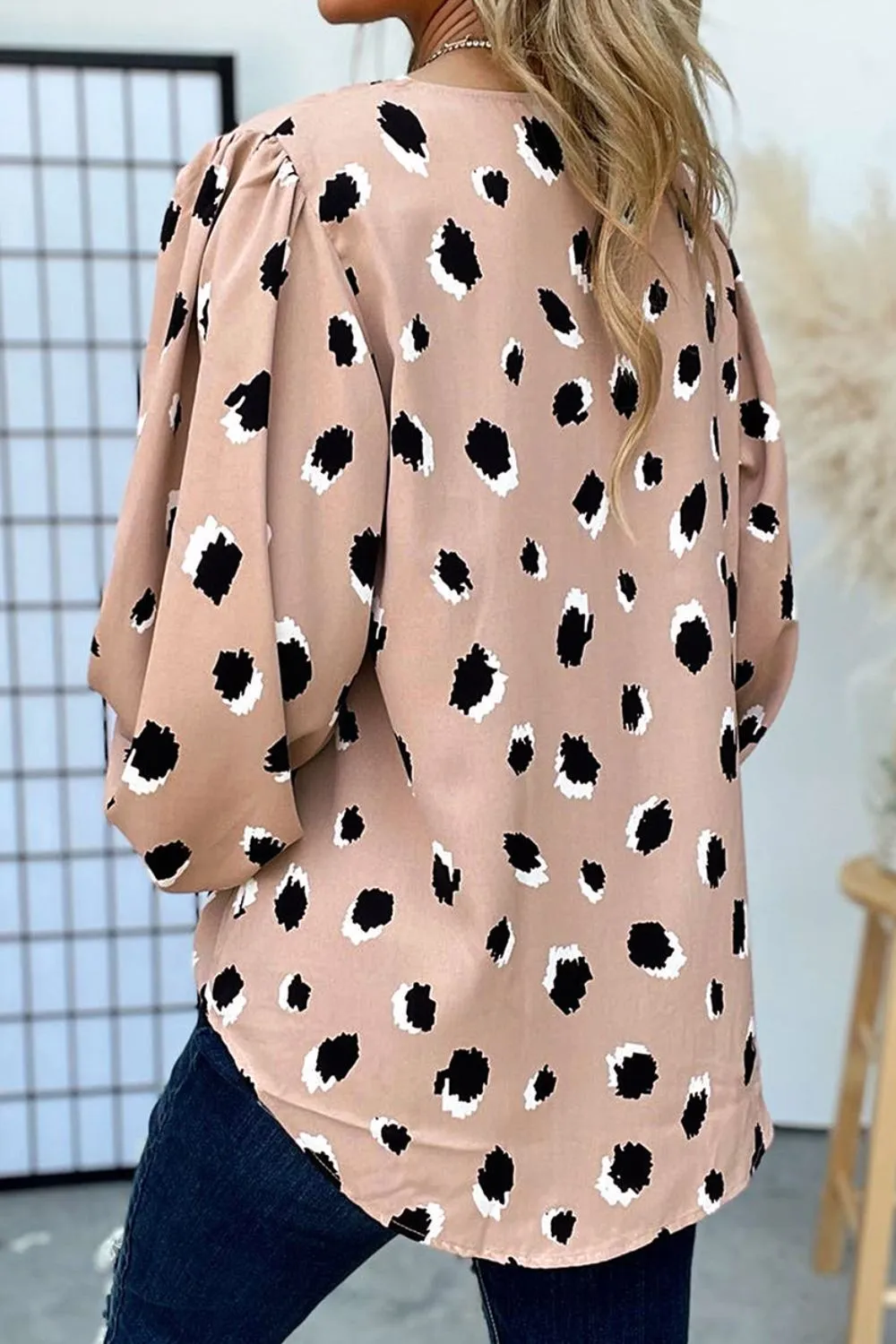 Contrast Animal Print V-Neck Long Sleeve Blouse for Women