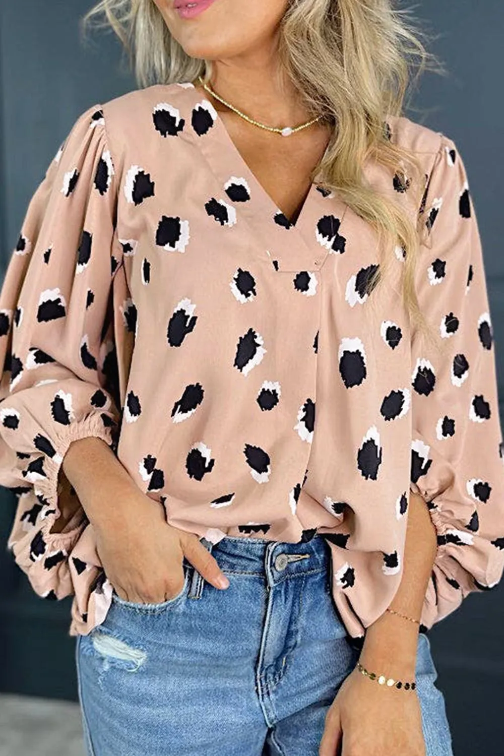 Contrast Animal Print V-Neck Long Sleeve Blouse for Women