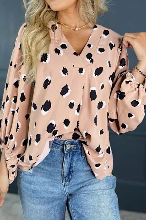 Contrast Animal Print V-Neck Long Sleeve Blouse for Women