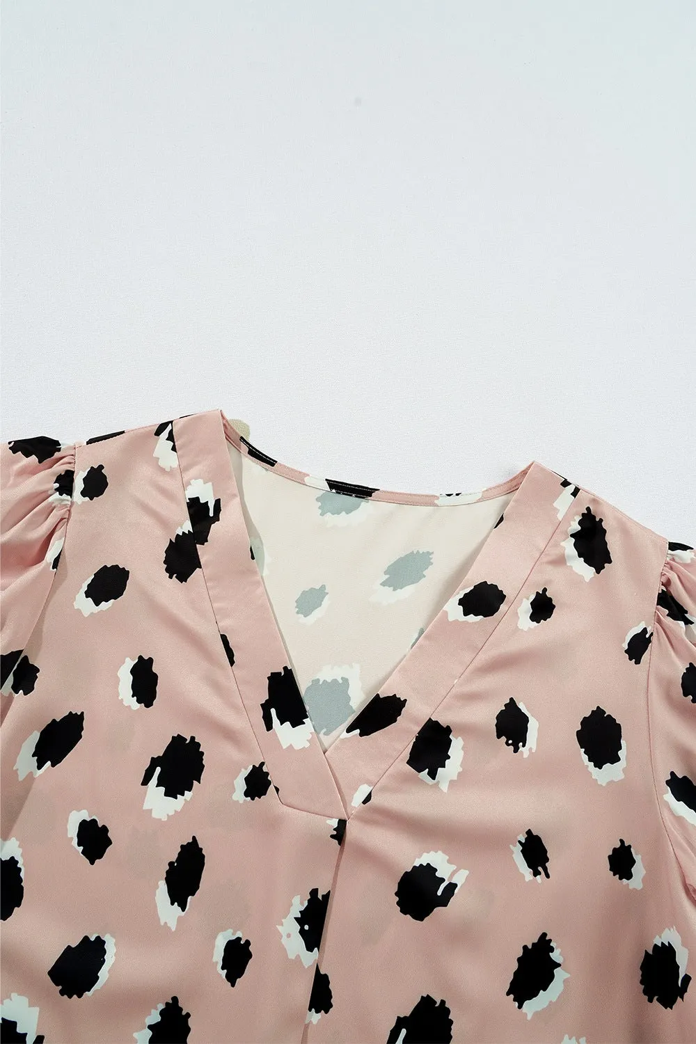 Contrast Animal Print V-Neck Long Sleeve Blouse for Women