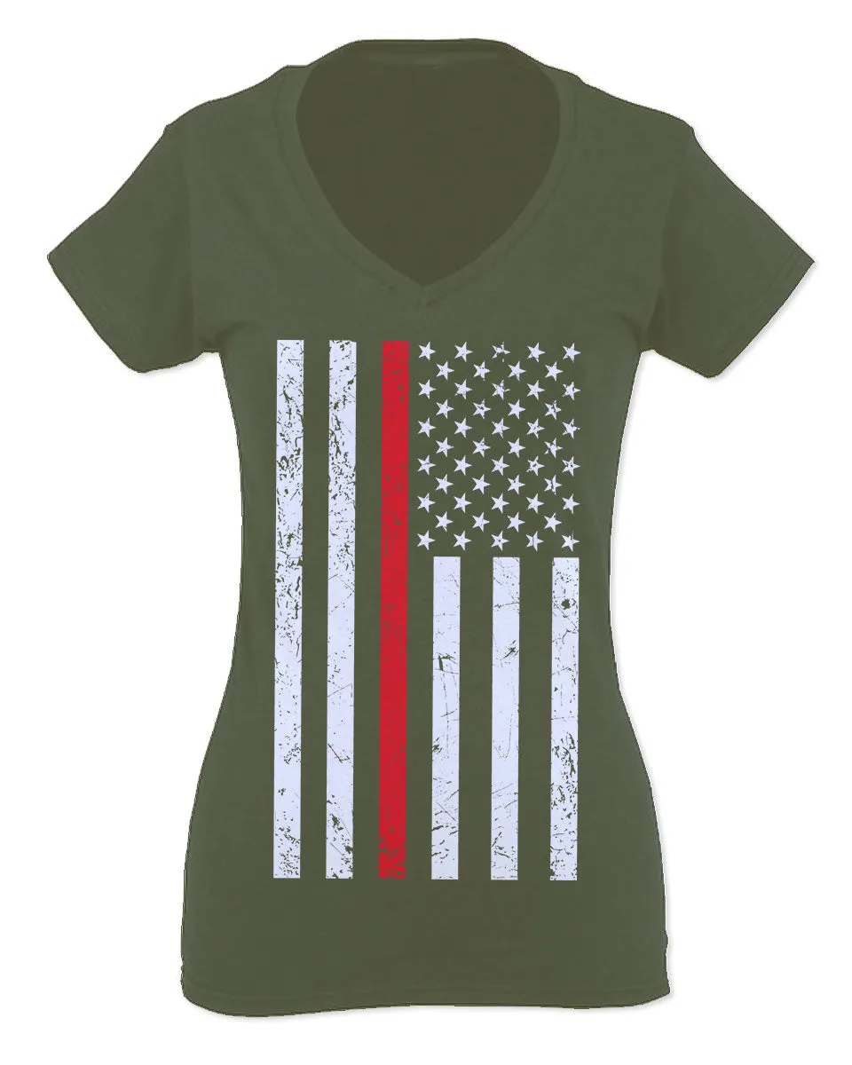 Cool Dad Fireman Firefighter red Thin line American Flag USA Support For Women V neck fitted T Shirt