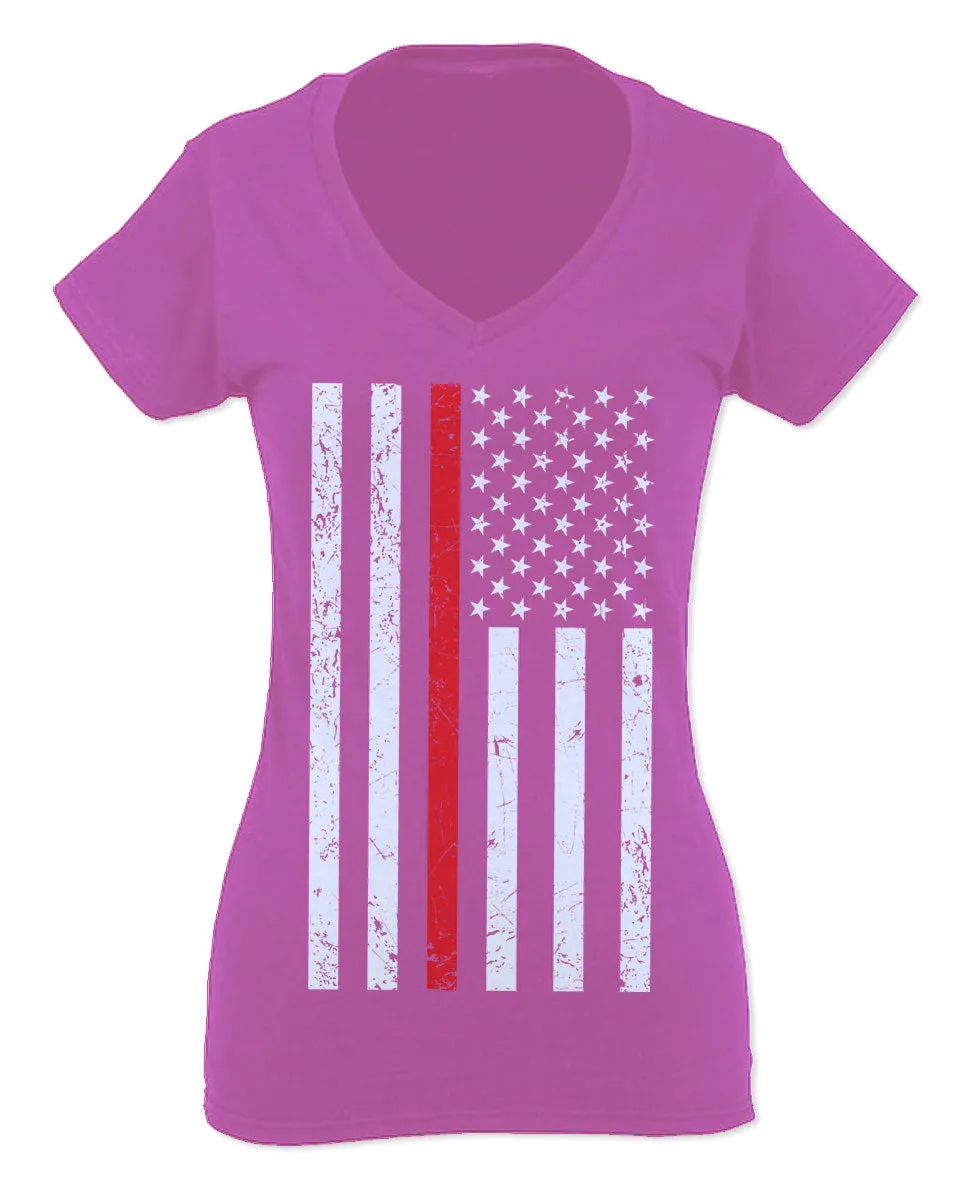 Cool Dad Fireman Firefighter red Thin line American Flag USA Support For Women V neck fitted T Shirt