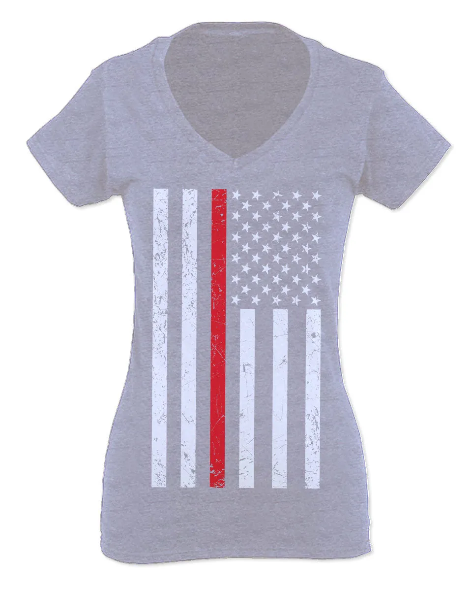 Cool Dad Fireman Firefighter red Thin line American Flag USA Support For Women V neck fitted T Shirt