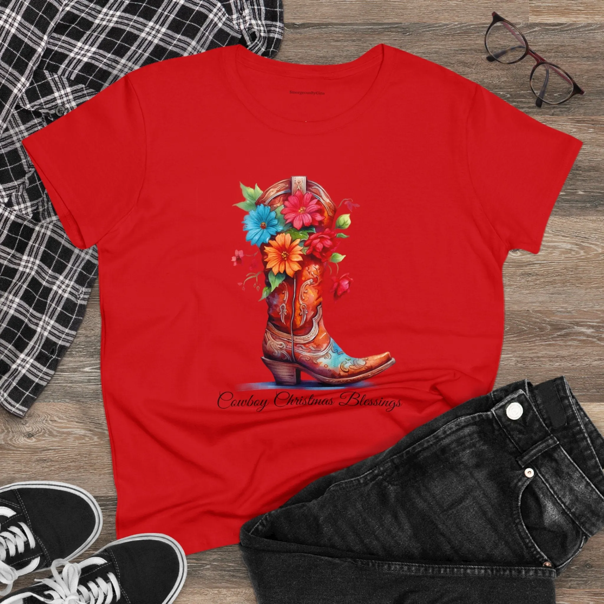 Cowboy Christmas Blessings Women's Midweight Cotton Tee