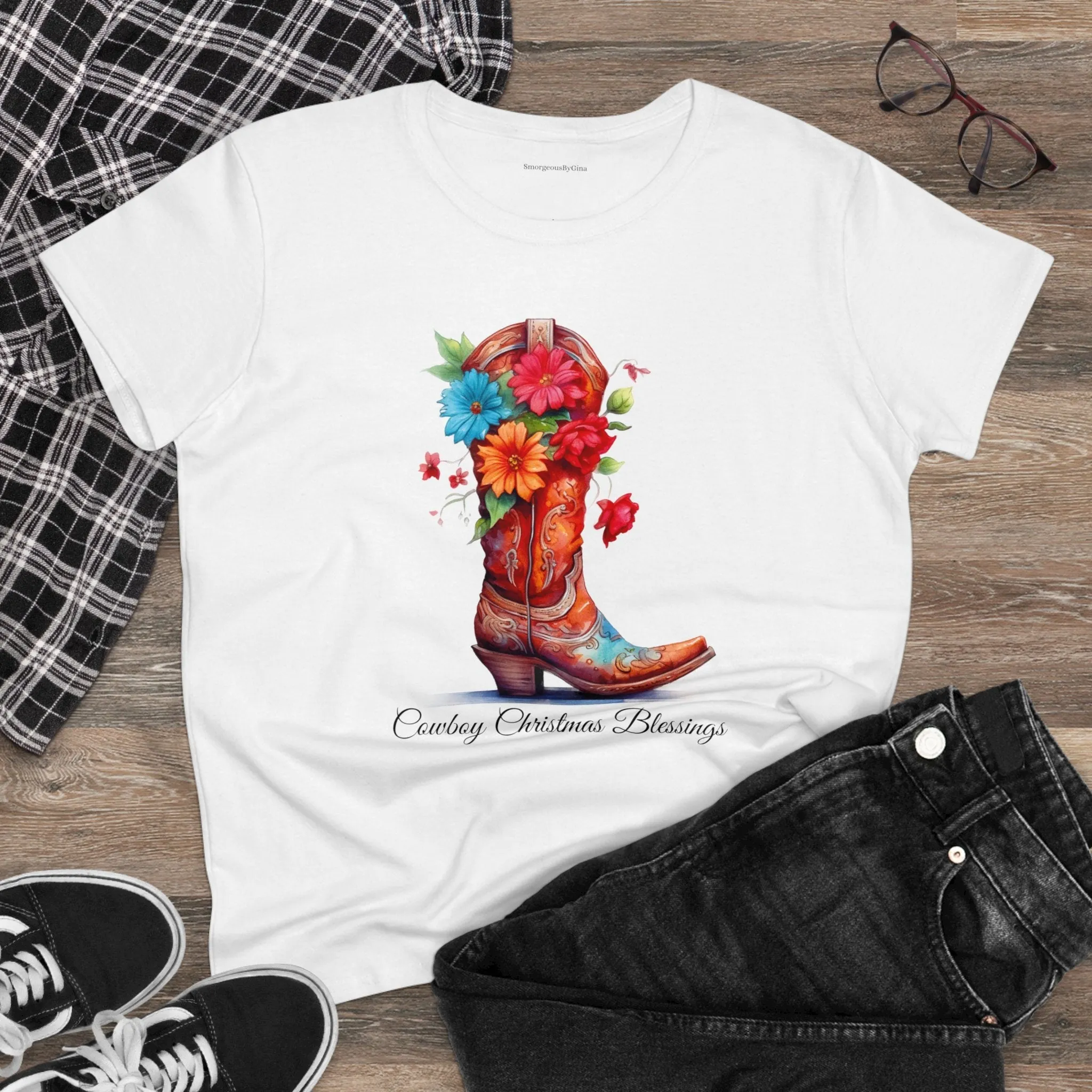 Cowboy Christmas Blessings Women's Midweight Cotton Tee
