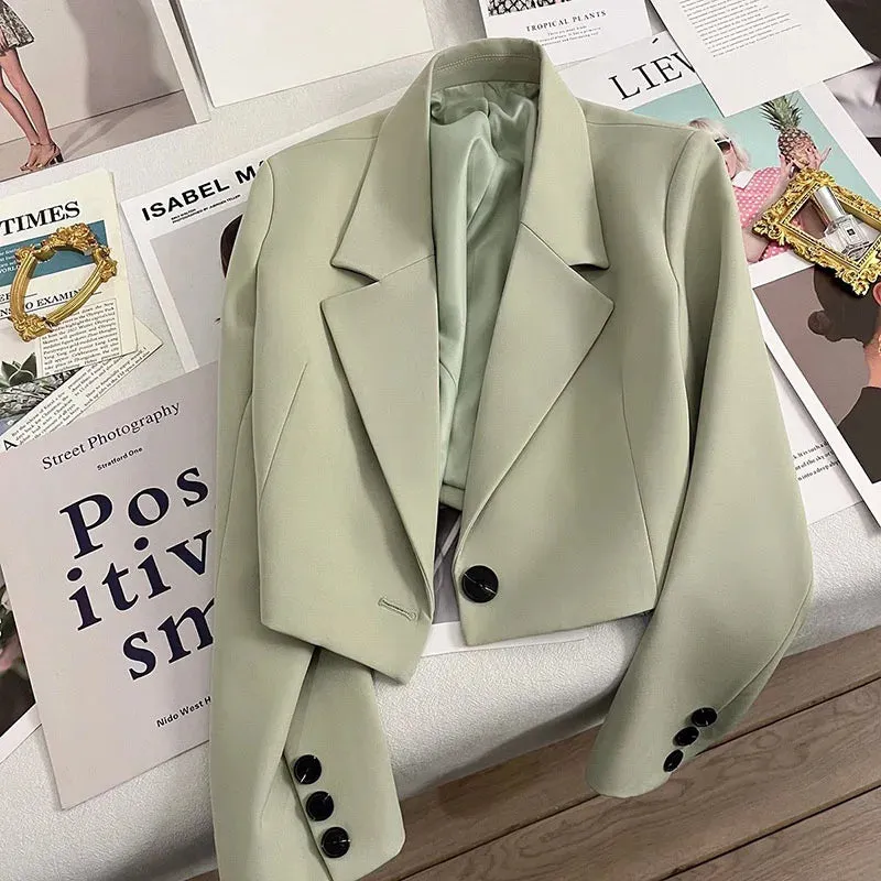 Cropped Blazers Women Autumn New Simple Single-Button Suit Jacket All-Match Long Sleeve Office Lady Outwear
