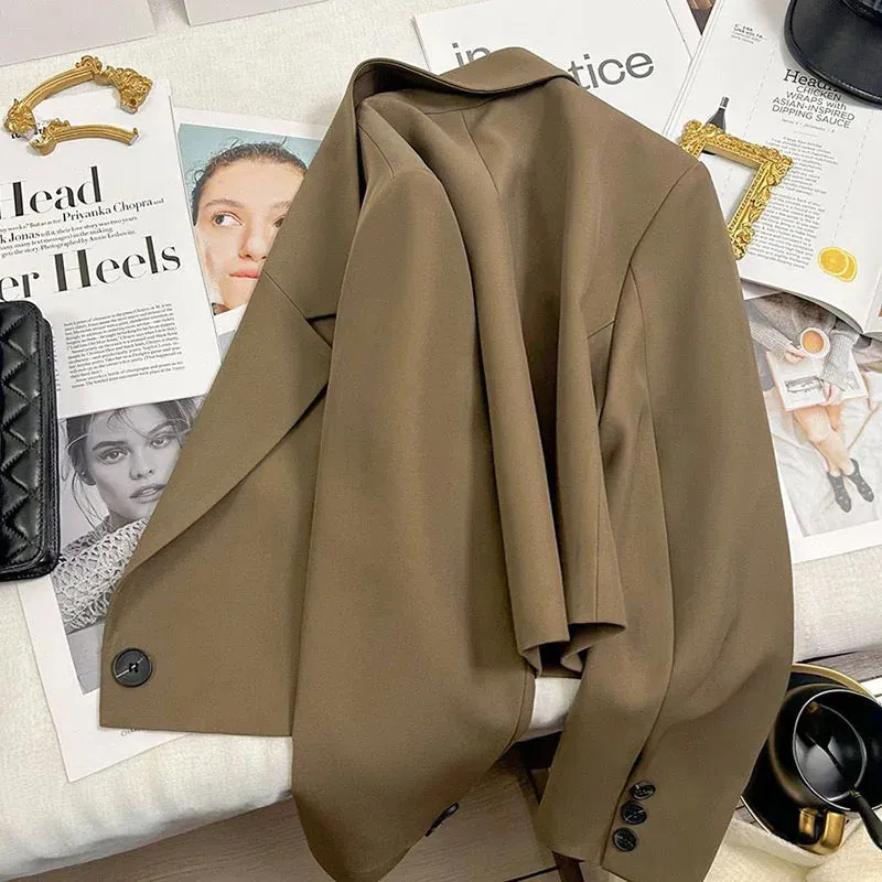 Cropped Blazers Women Autumn New Simple Single-Button Suit Jacket All-Match Long Sleeve Office Lady Outwear