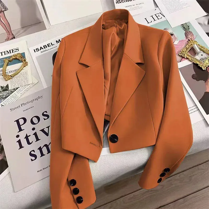 Cropped Blazers Women Autumn New Simple Single-Button Suit Jacket All-Match Long Sleeve Office Lady Outwear