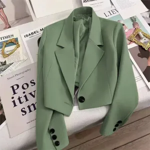 Cropped Blazers Women Autumn New Simple Single-Button Suit Jacket All-Match Long Sleeve Office Lady Outwear