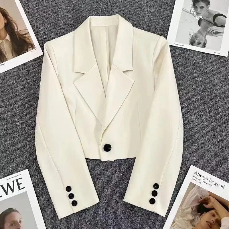 Cropped Blazers Women Autumn New Simple Single-Button Suit Jacket All-Match Long Sleeve Office Lady Outwear