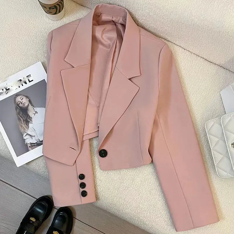 Cropped Blazers Women Autumn New Simple Single-Button Suit Jacket All-Match Long Sleeve Office Lady Outwear