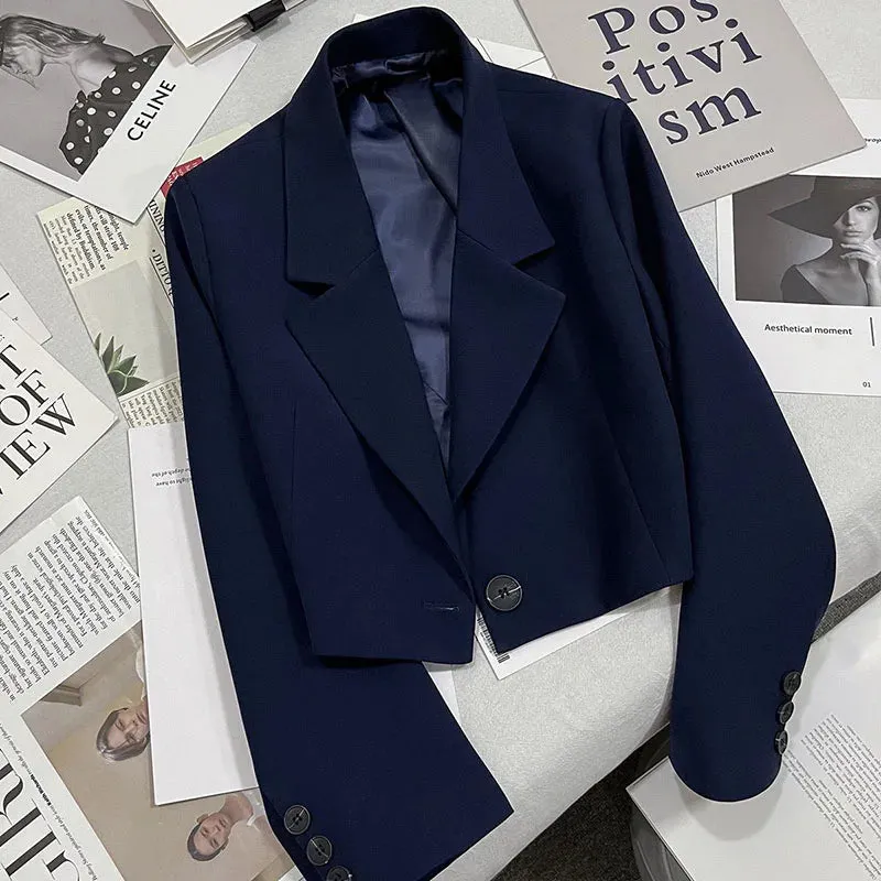 Cropped Blazers Women Autumn New Simple Single-Button Suit Jacket All-Match Long Sleeve Office Lady Outwear