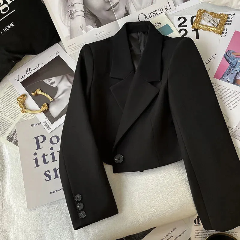 Cropped Blazers Women Autumn New Simple Single-Button Suit Jacket All-Match Long Sleeve Office Lady Outwear