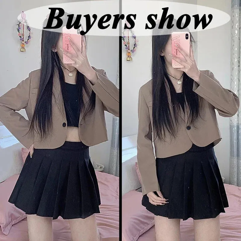 Cropped Blazers Women Solid Color Simple Single-button Outwear Teens All-match Long Sleeve Office Suit Jacket