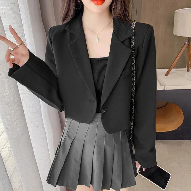 Cropped Blazers Women Solid Color Simple Single-button Outwear Teens All-match Long Sleeve Office Suit Jacket