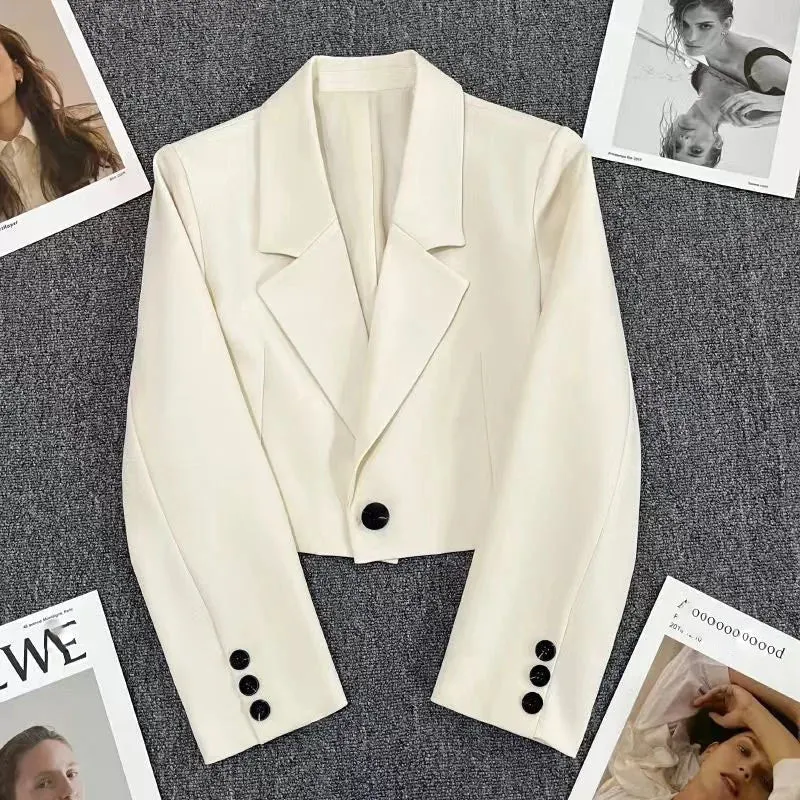 Cropped Blazers Women Solid Color Simple Single-button Outwear Teens All-match Long Sleeve Office Suit Jacket