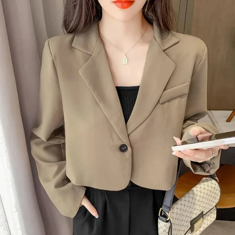 Cropped Blazers Women Solid Color Simple Single-button Outwear Teens All-match Long Sleeve Office Suit Jacket
