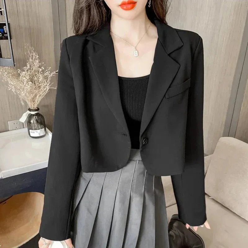 Cropped Blazers Women Solid Color Simple Single-button Outwear Teens All-match Long Sleeve Office Suit Jacket