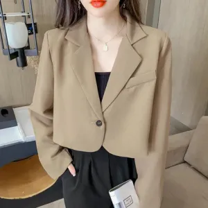 Cropped Blazers Women Solid Color Simple Single-button Outwear Teens All-match Long Sleeve Office Suit Jacket