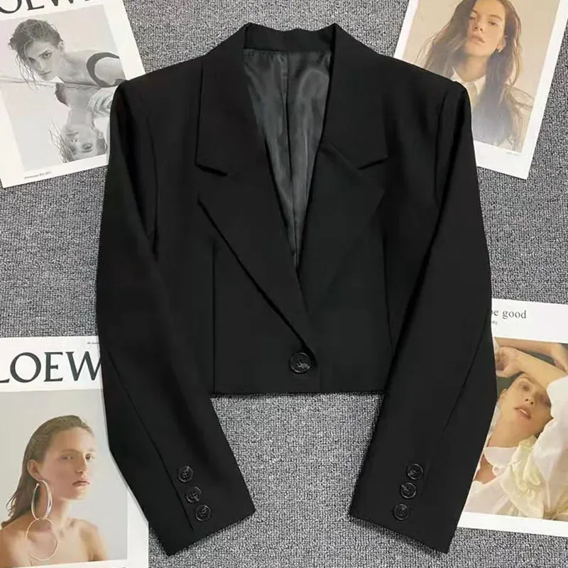 Cropped Blazers Women Solid Color Simple Single-button Outwear Teens All-match Long Sleeve Office Suit Jacket