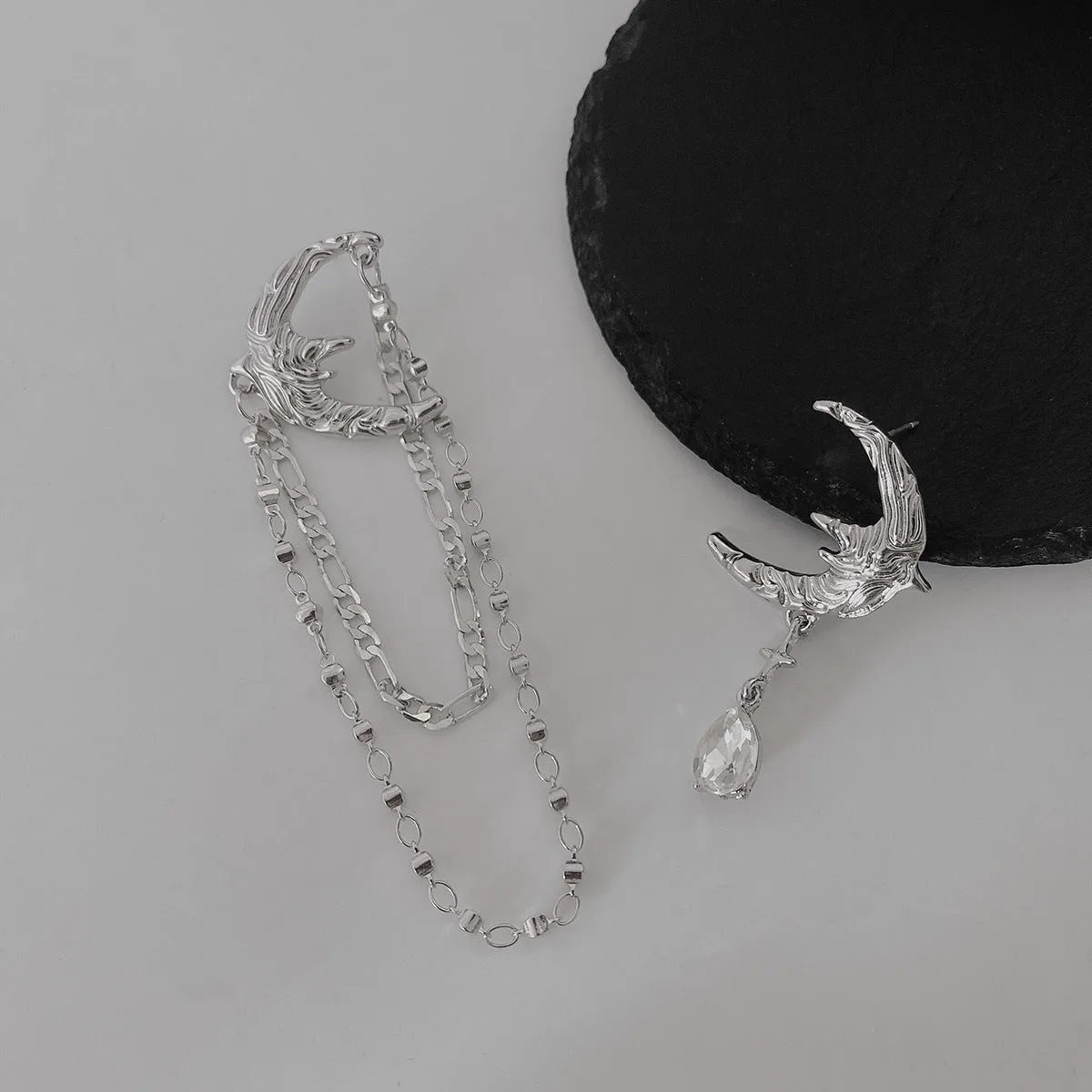 Cubic Zirconia & Silver-Plated Moon Asymmetrical Drop Earrings