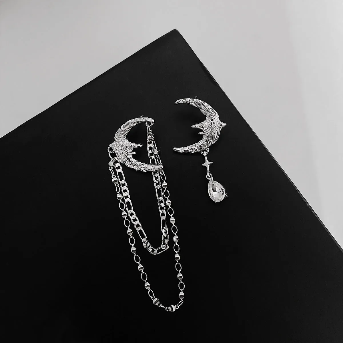 Cubic Zirconia & Silver-Plated Moon Asymmetrical Drop Earrings