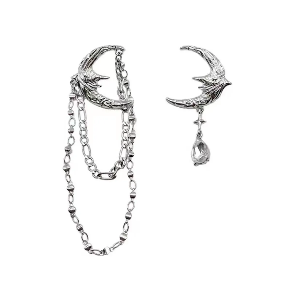 Cubic Zirconia & Silver-Plated Moon Asymmetrical Drop Earrings