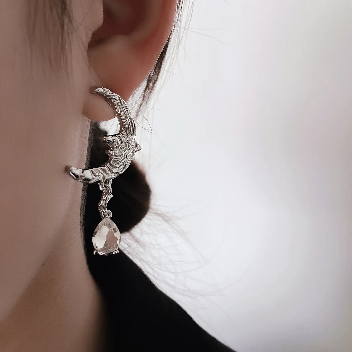Cubic Zirconia & Silver-Plated Moon Asymmetrical Drop Earrings
