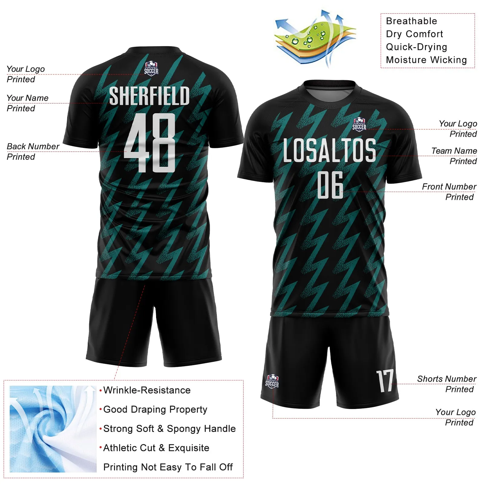 Custom Black White-Teal Zigzag Shape Sublimation Soccer Uniform Jersey