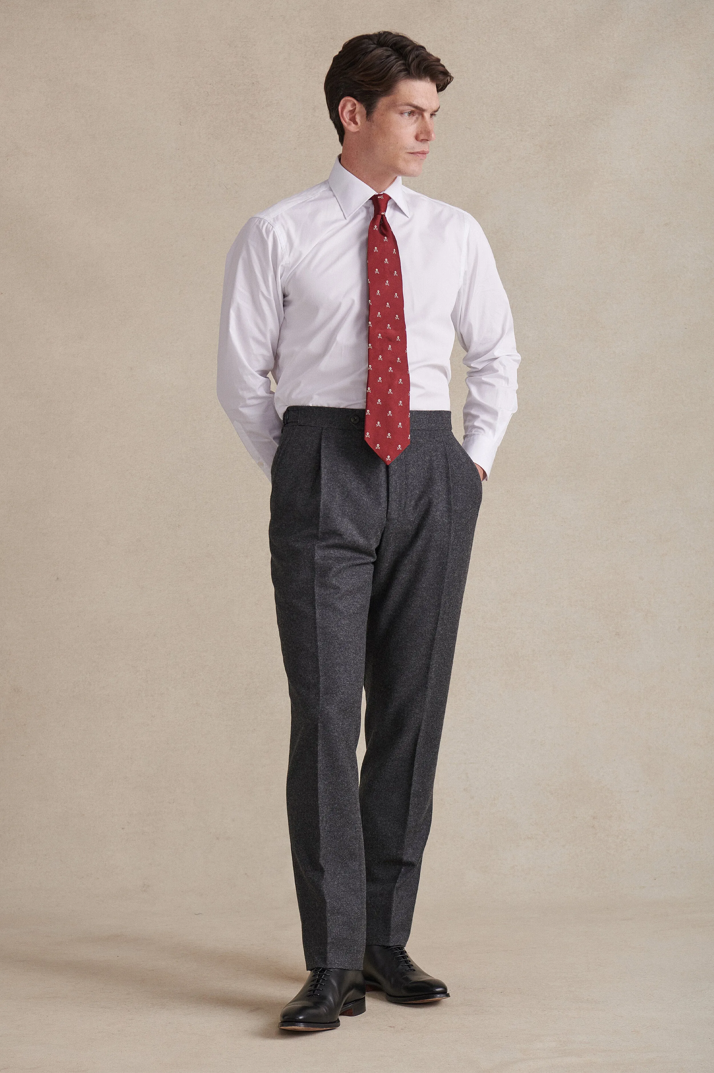 Dark Grey Single Pleat Flannel Trousers