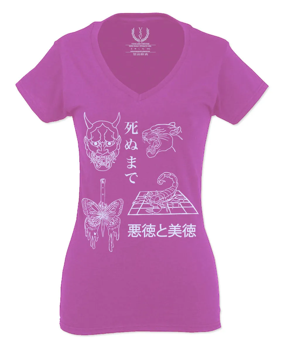 Demon Graphic Traditional Japanese Puma Scorpion Butterfly Tattoo For Women V neck fitted T Shirt