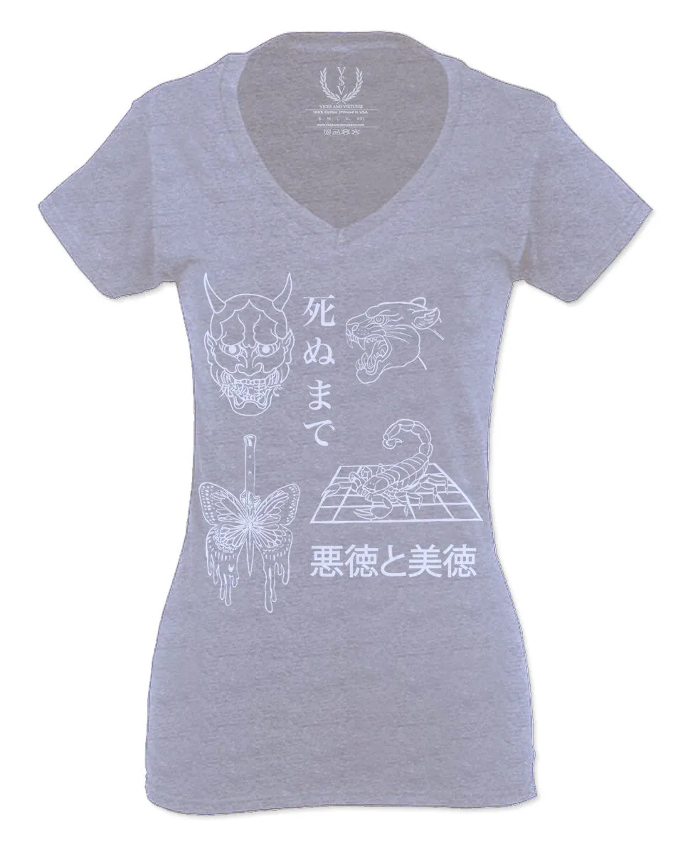 Demon Graphic Traditional Japanese Puma Scorpion Butterfly Tattoo For Women V neck fitted T Shirt