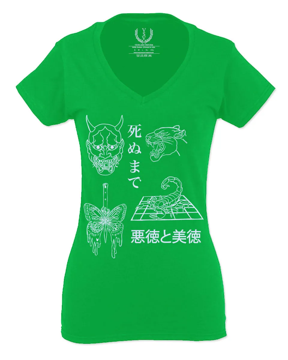 Demon Graphic Traditional Japanese Puma Scorpion Butterfly Tattoo For Women V neck fitted T Shirt