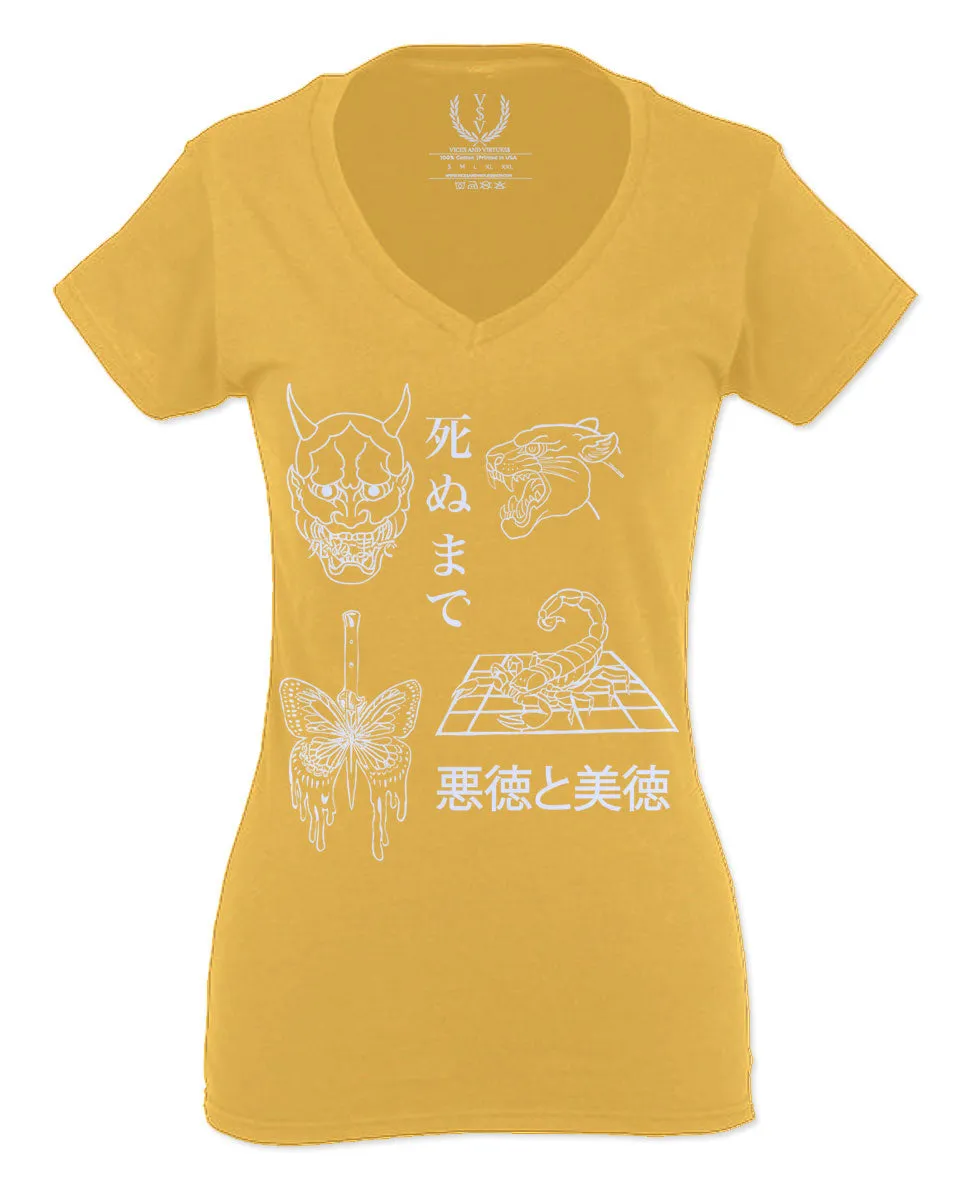 Demon Graphic Traditional Japanese Puma Scorpion Butterfly Tattoo For Women V neck fitted T Shirt