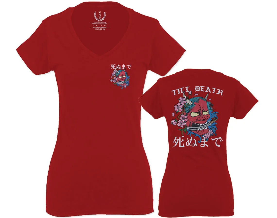 Demon Graphic Traditional Japanese Till Death For Women V neck fitted T Shirt