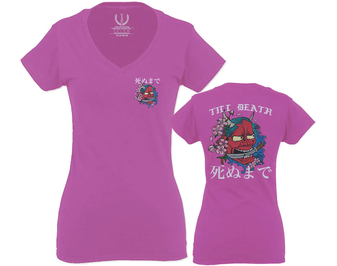 Demon Graphic Traditional Japanese Till Death For Women V neck fitted T Shirt
