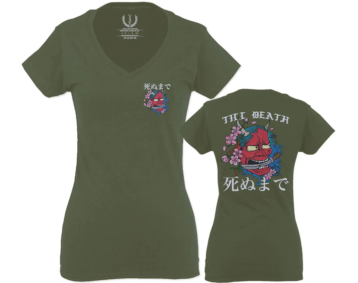 Demon Graphic Traditional Japanese Till Death For Women V neck fitted T Shirt