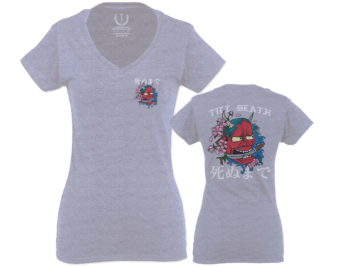 Demon Graphic Traditional Japanese Till Death For Women V neck fitted T Shirt