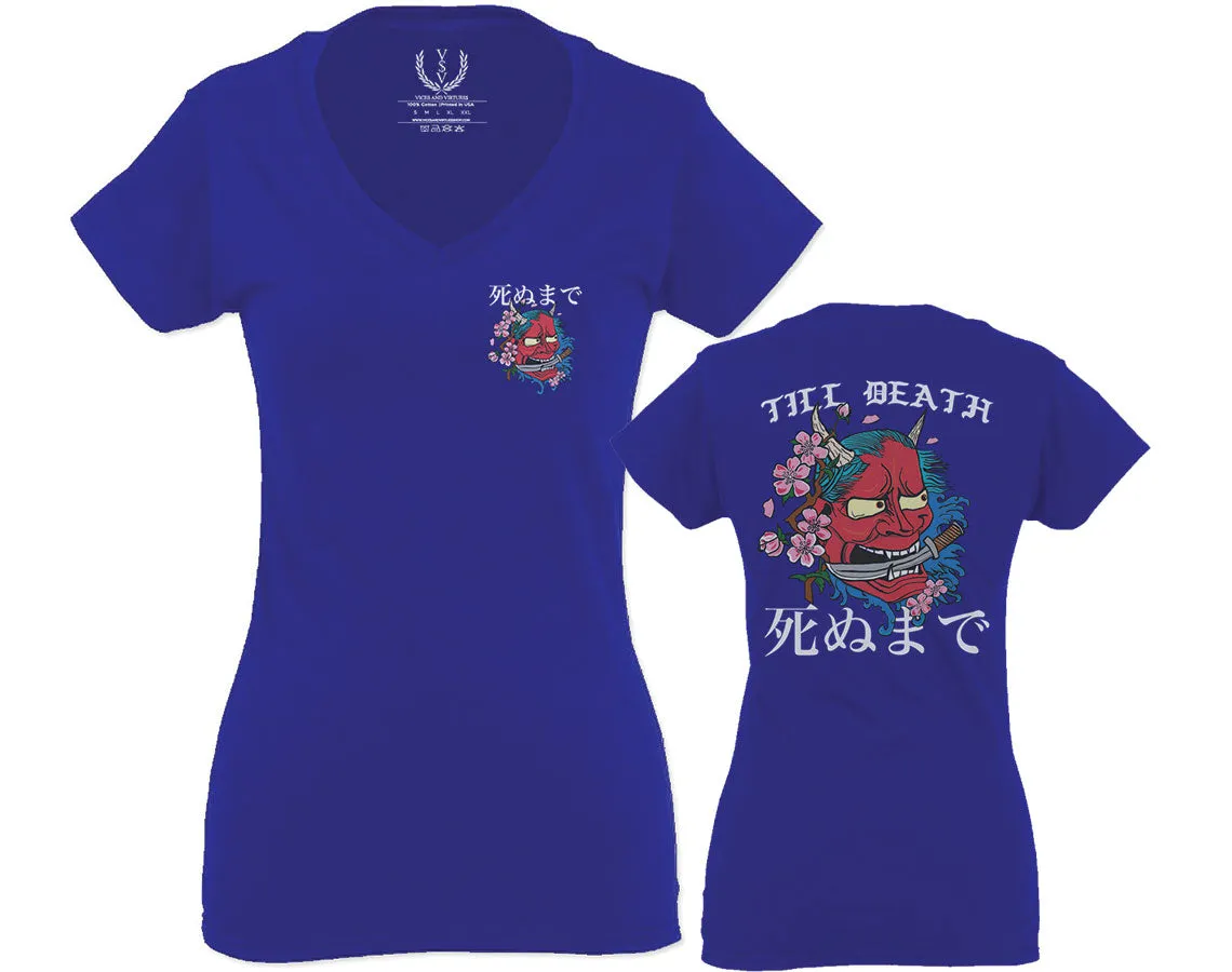 Demon Graphic Traditional Japanese Till Death For Women V neck fitted T Shirt