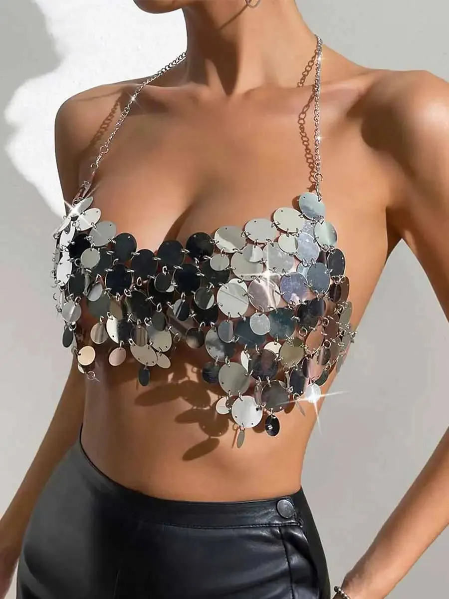 Disco Silver Big Round Sequin Bra Top