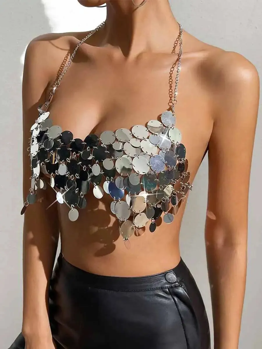 Disco Silver Big Round Sequin Bra Top