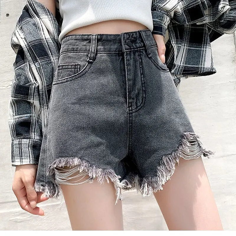 Distressed Charcoal Denim Shorts