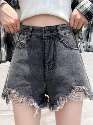 Distressed Charcoal Denim Shorts