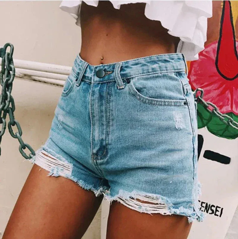 Distressed High Waist Denim Shorts