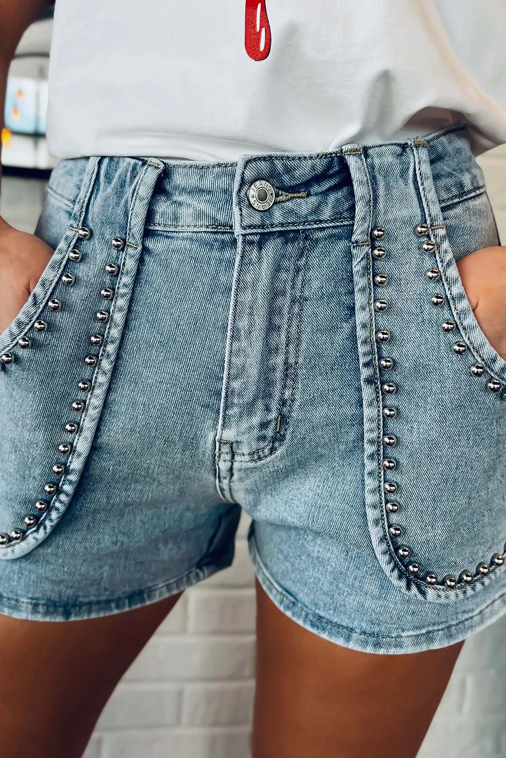 Dusk Blue Studded Acid Wash Jean Shorts
