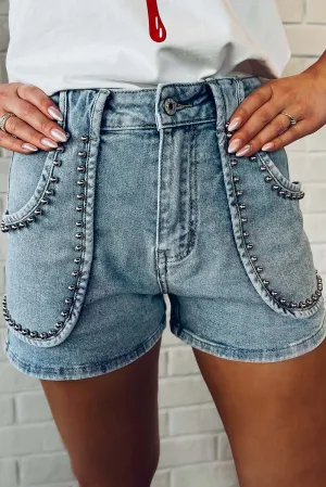 Dusk Blue Studded Acid Wash Jean Shorts