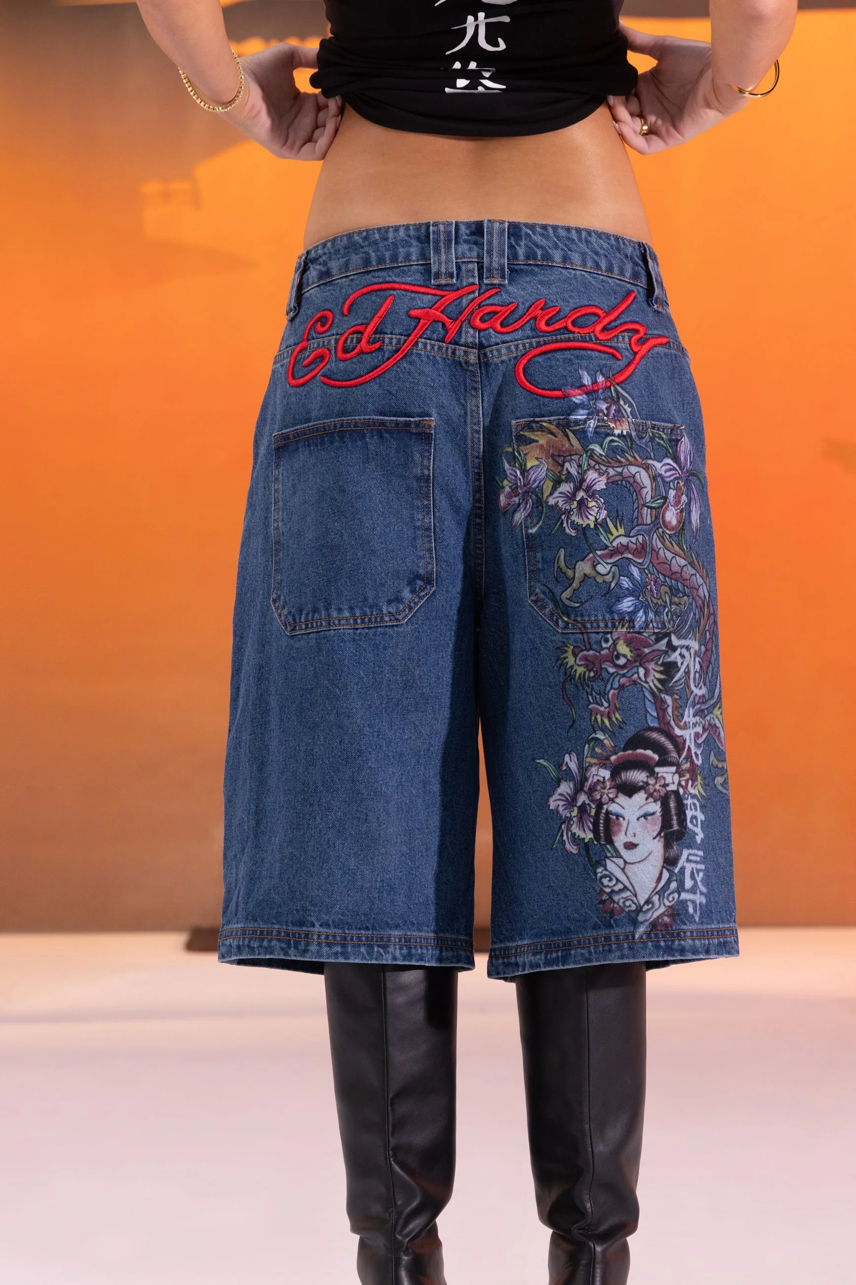 Ed Hardy Women's Death Before Dishonour Jorts Blue Mid Wash