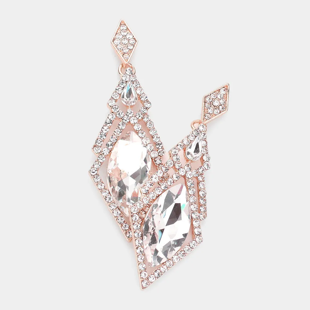 Edgy Clear Crystal Abstract Dangle Pageant Earrings on Rose Gold | Prom Jewelry | 554390