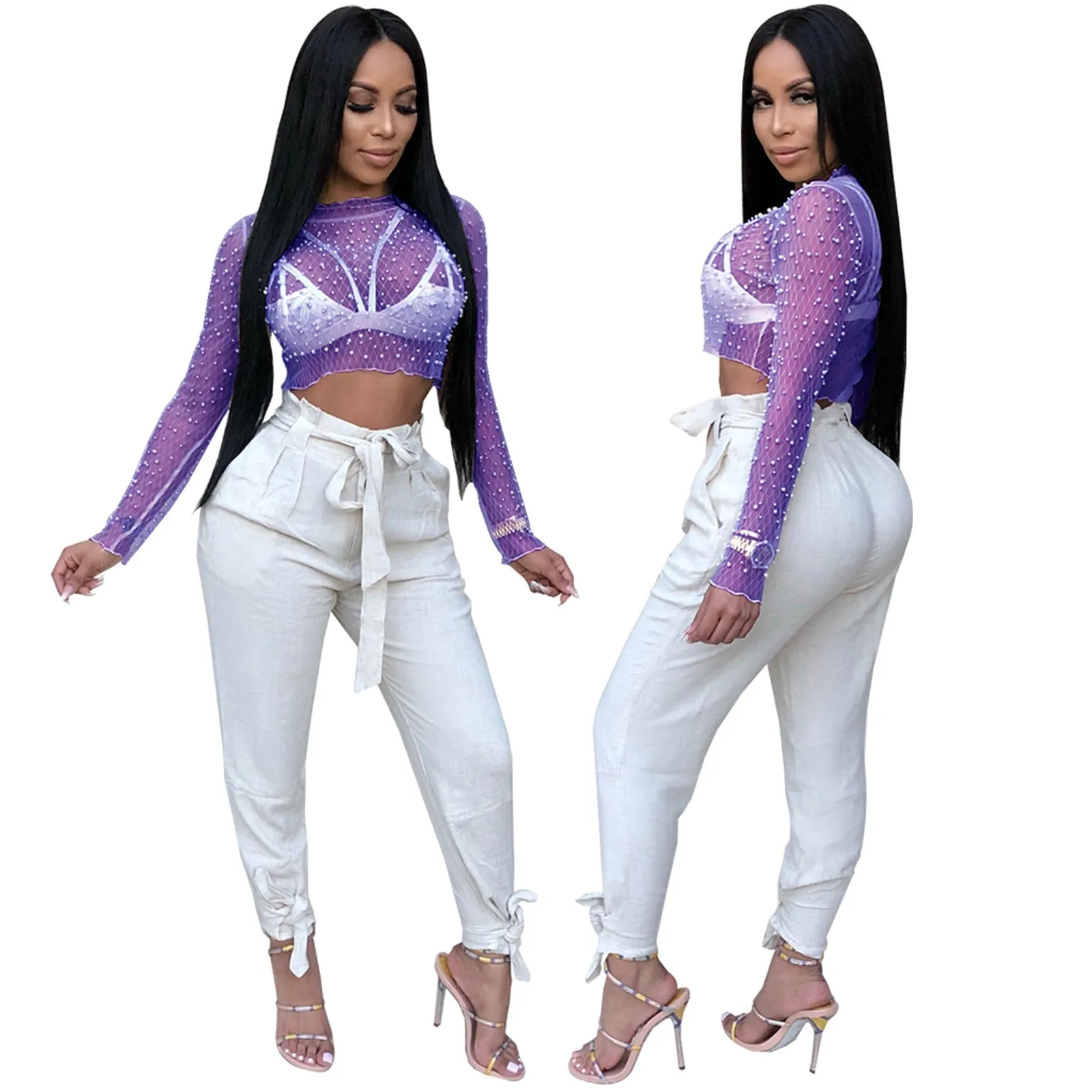 Elegant Beaded See-Through Mesh Long Sleeve Top for Chic Career Style